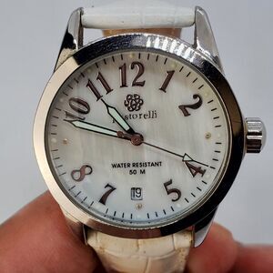 Pastorelli 34MM Women's Watch MOP Dial White Leather Band Straps‎ New Battery